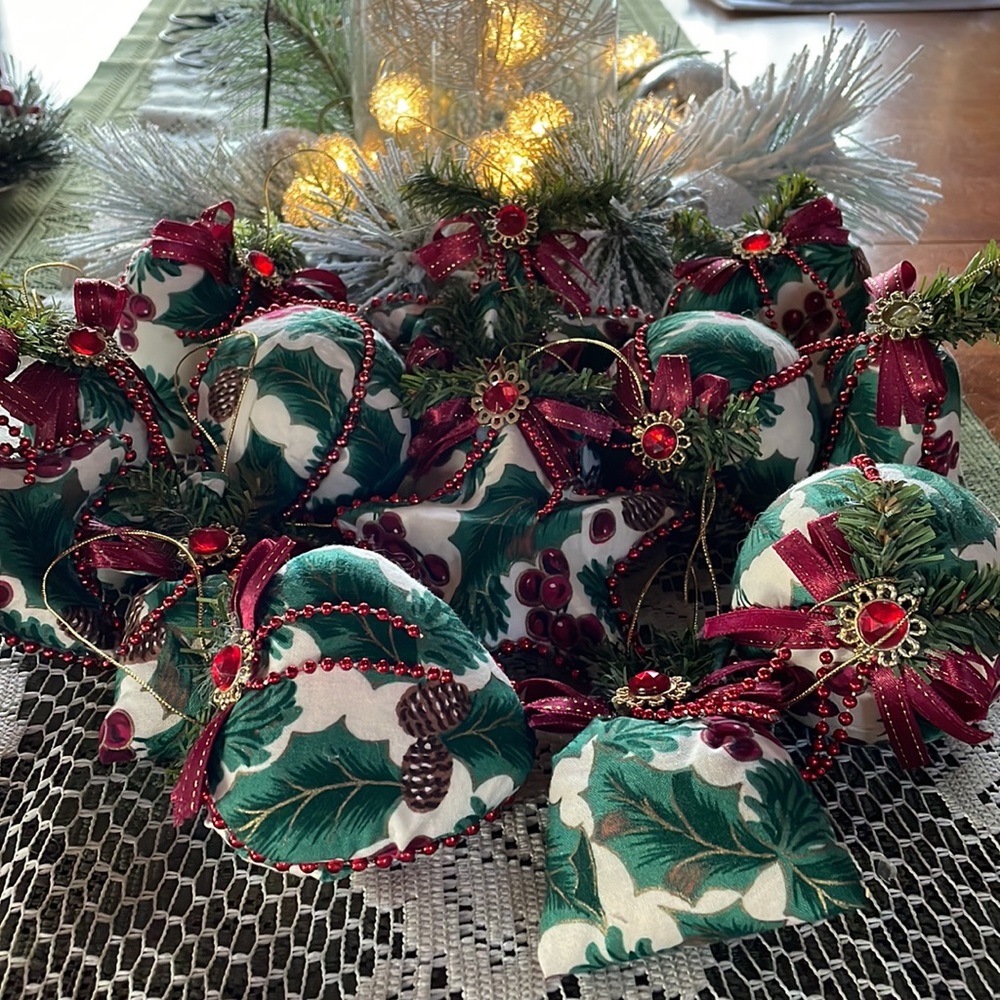 Bejeweled Christmas Ornaments. Fabric with faux jewels, beads and greenery. 15